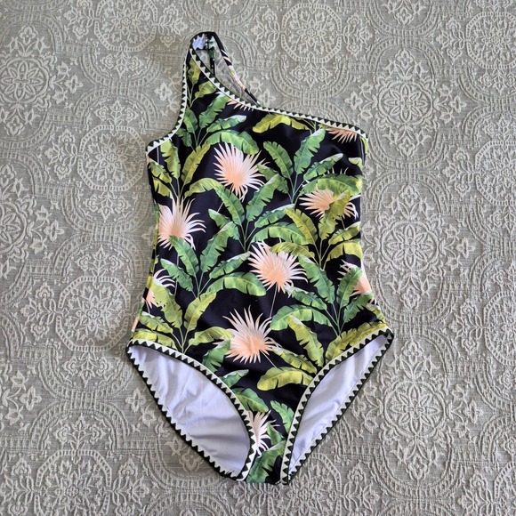 Other - Tropical Palm Leaf One Shoulder One Piece Swimsuit Green Black Scalloped Size M
